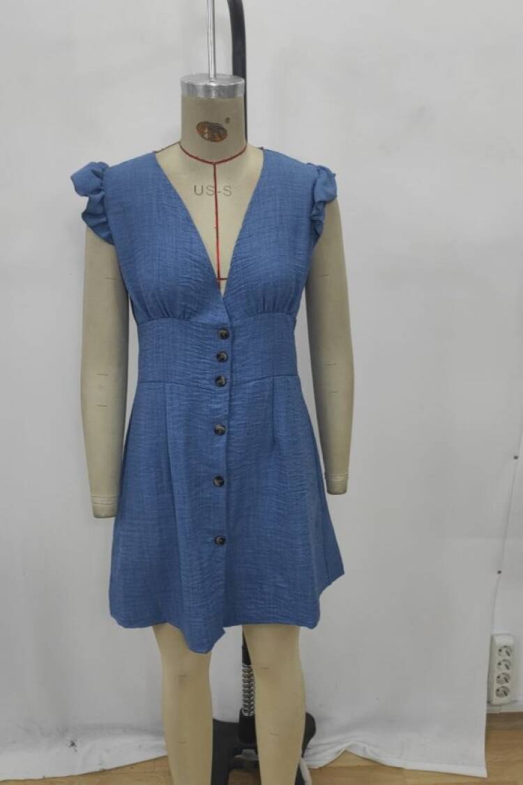 Women's Ruffle Sleeve V Neck Buttoned Linen Dress