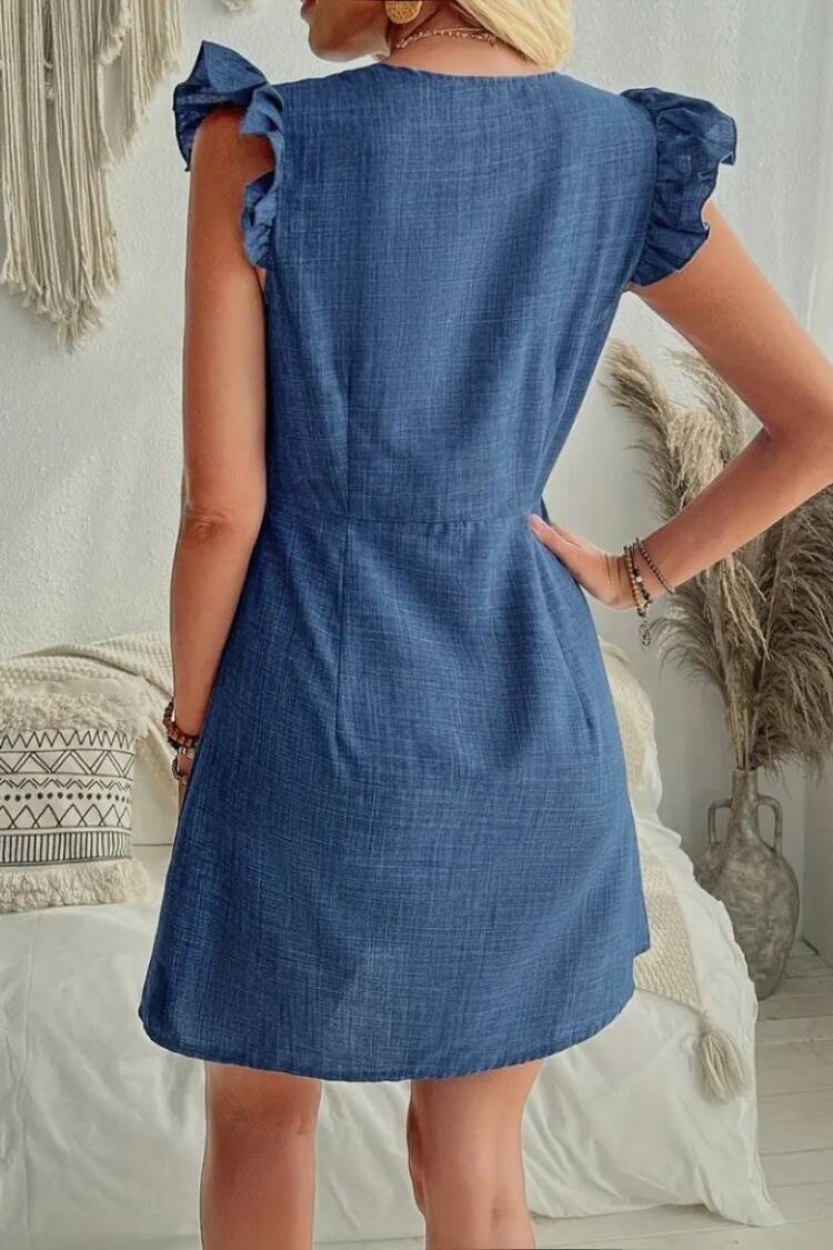 Women's Ruffle Sleeve V Neck Buttoned Linen Dress