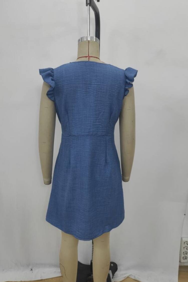 Women's Ruffle Sleeve V Neck Buttoned Linen Dress