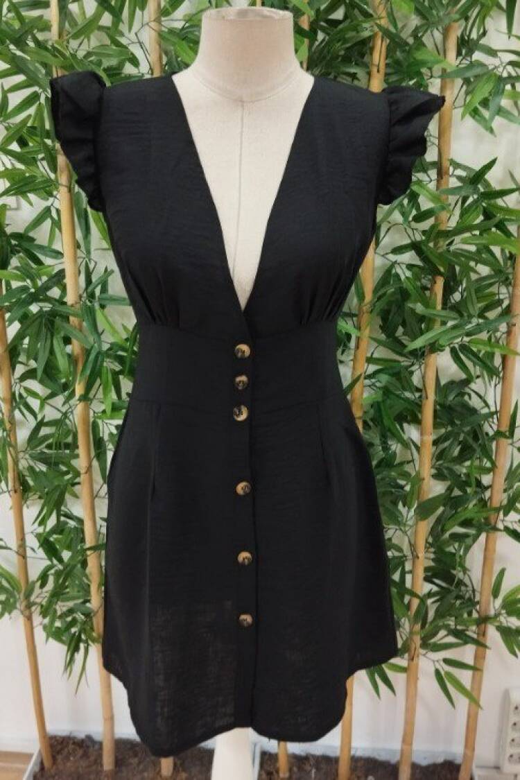 Black Fit And Flare Mini Dress With Ruffle Cap Sleeves