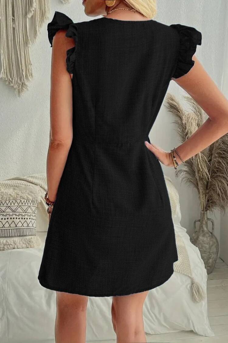 Black Fit And Flare Mini Dress With Ruffle Cap Sleeves