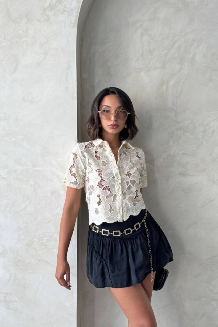 White Floral Crop Shirt With Notched Neck