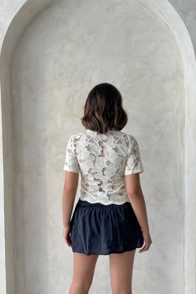 White Floral Crop Shirt With Notched Neck