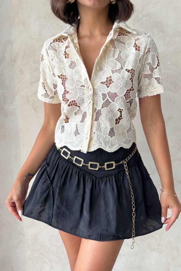 White Floral Crop Shirt With Notched Neck
