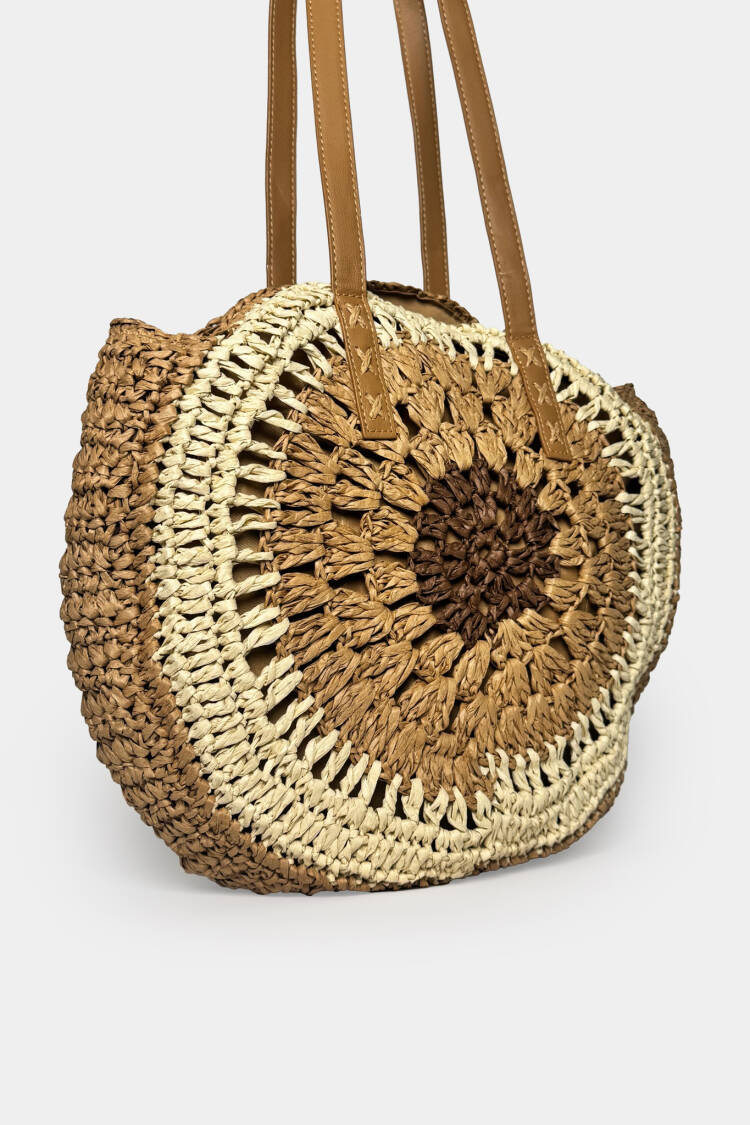 Embroidery Detail Straw Bag - Beige