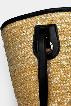Leather Detail Straw Bag - Beige - Brand: Black Fashion - Women's Clothing Wholesale - Globality Store