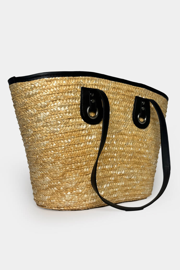 Leather Detail Straw Bag - Beige