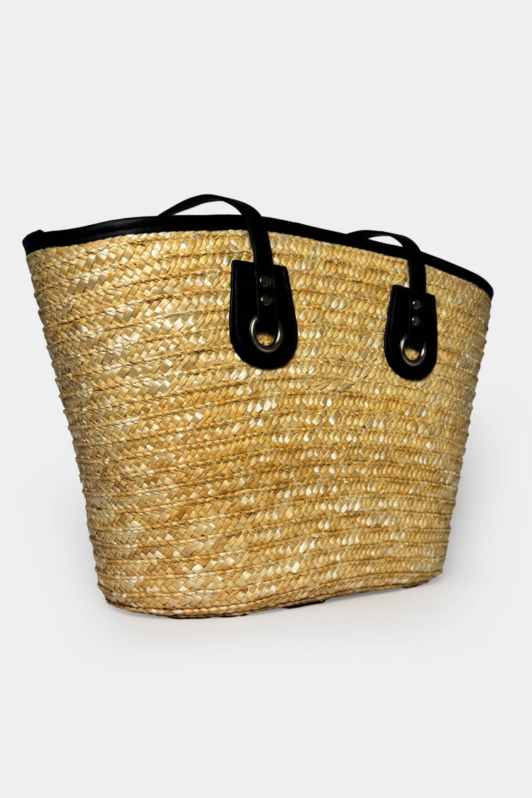 Leather Detail Straw Bag - Beige