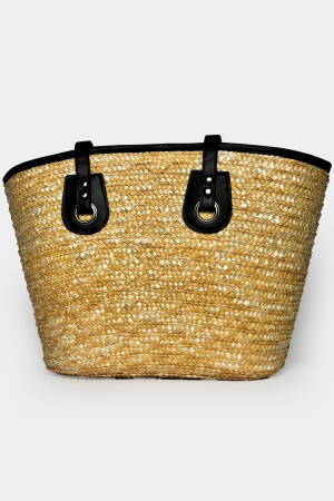 Leather Detail Straw Bag - Beige - Brand: Black Fashion - Women's Clothing Wholesale - Globality Store