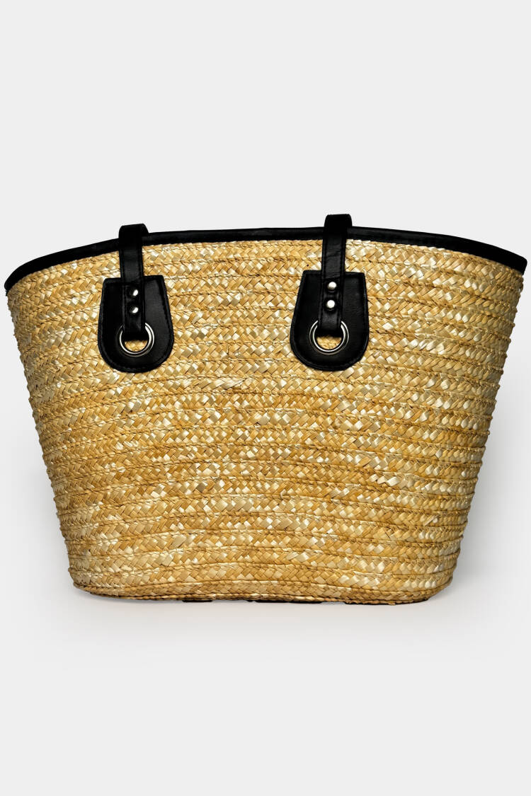 Leather Detail Straw Bag - Beige - Brand: Black Fashion - Women's Clothing Wholesale - Globality Store