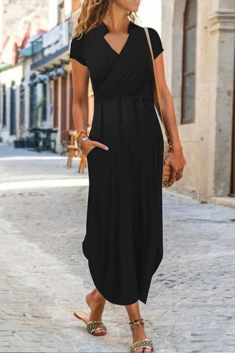 Black Wrap V-Neck Midi Dress With Short Sleeves