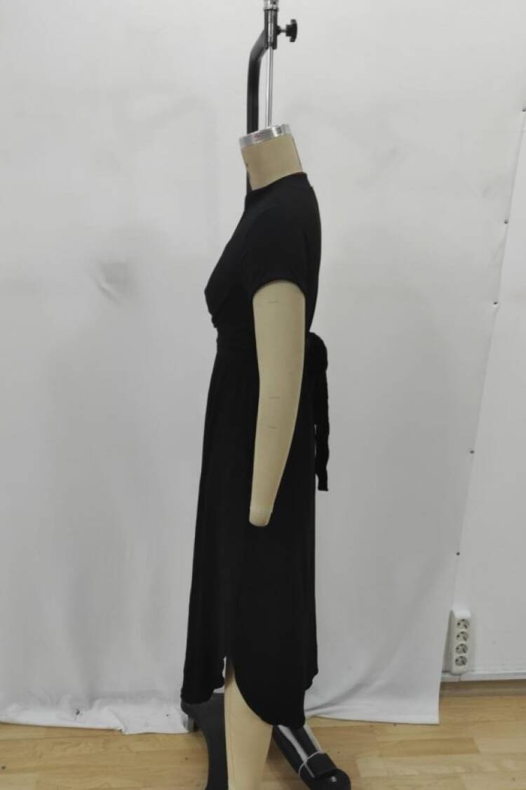 Black Wrap V-Neck Midi Dress With Short Sleeves