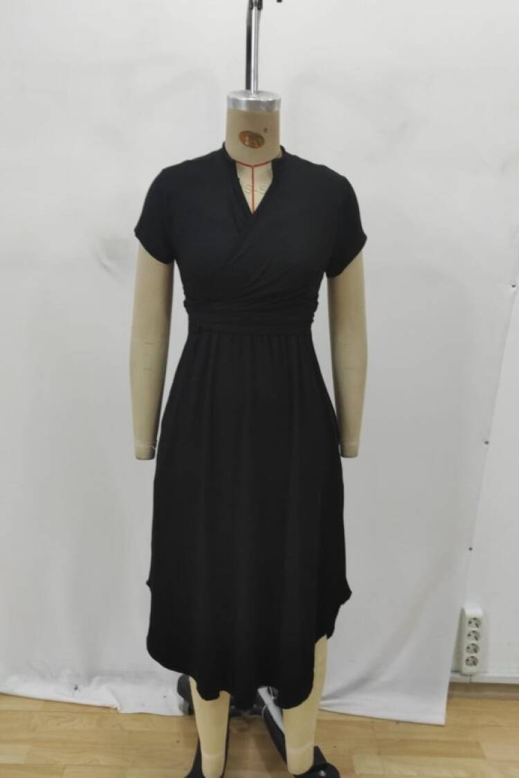 Black Wrap V-Neck Midi Dress With Short Sleeves