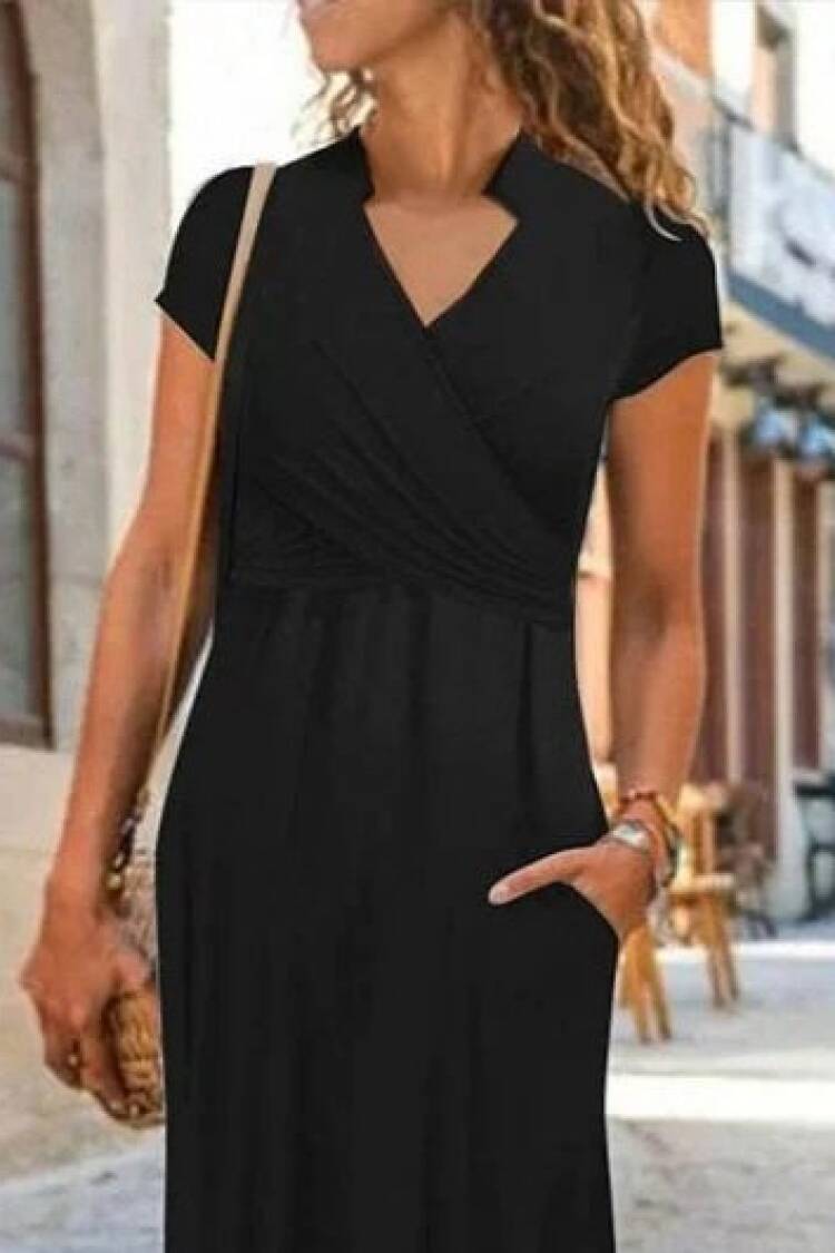 Black Wrap V-Neck Midi Dress With Short Sleeves
