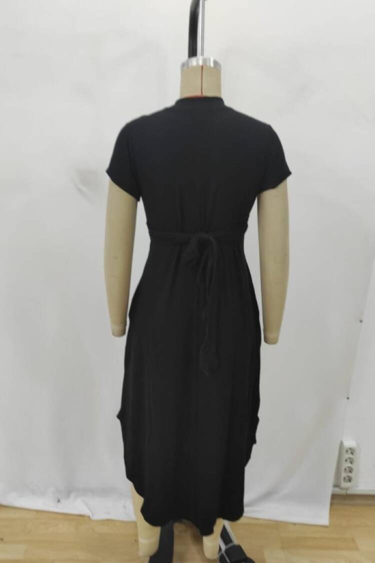 Black Wrap V-Neck Midi Dress With Short Sleeves
