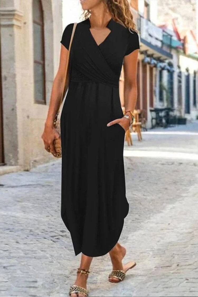 Black Wrap V-Neck Midi Dress With Short Sleeves - Brand: Janes - Women's Clothing Wholesale - Globality Store