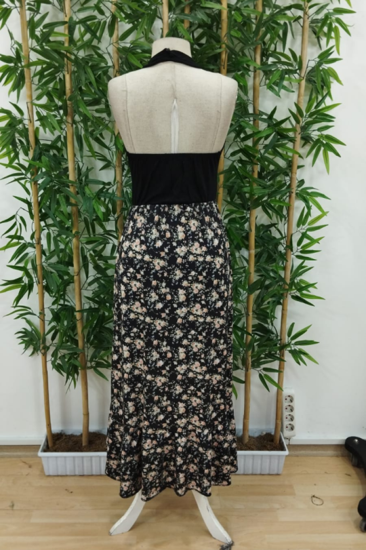 Black Fit And Flare Midi Dress With Halter Neck
