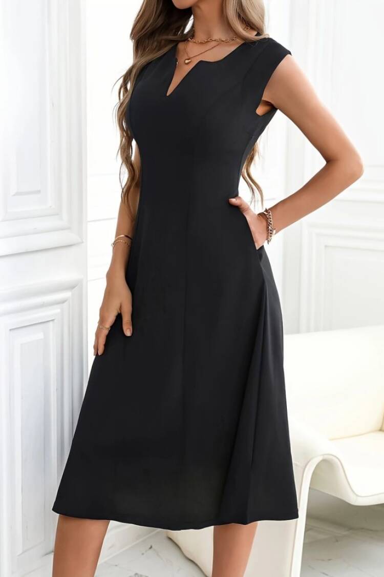 Black Elegant A-Line Notched Neck Dress - Brand: Janes - Women's Clothing Wholesale - Globality Store