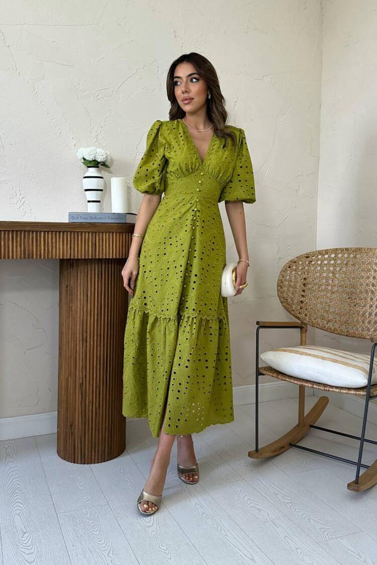 Fit And Flare Midi Dress With Puff Half Sleeves - Brand: Elisa - Women's Clothing Wholesale - Globality Store