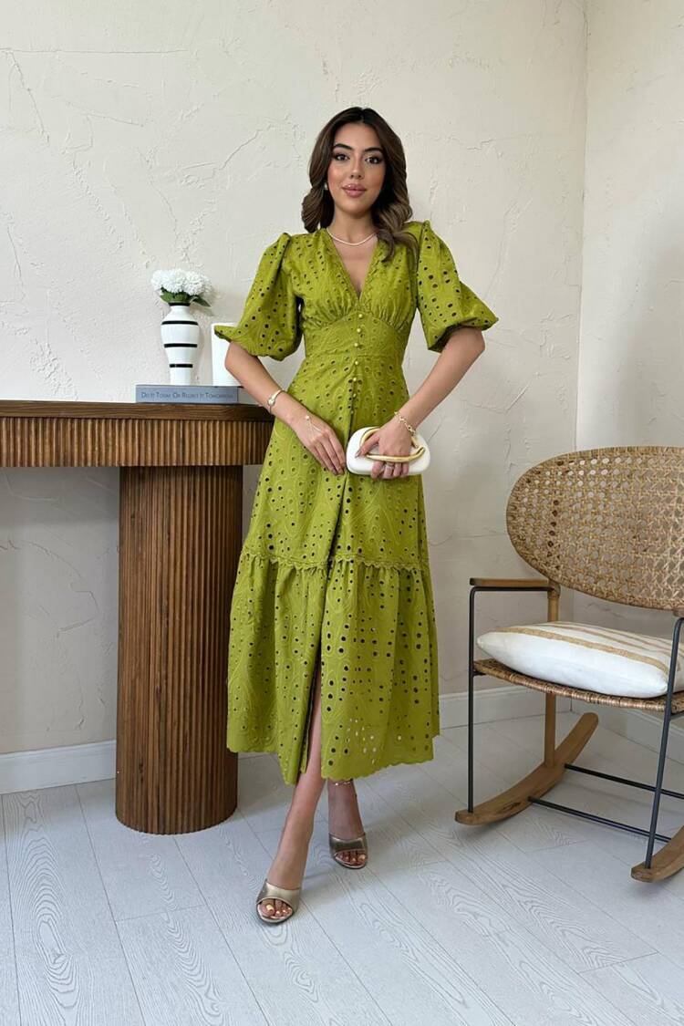 Fit And Flare Midi Dress With Puff Half Sleeves