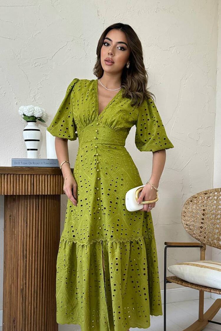 Fit And Flare Midi Dress With Puff Half Sleeves