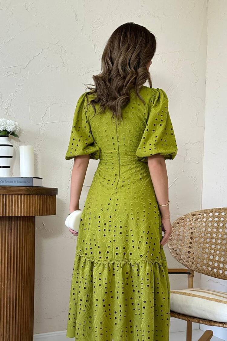 Fit And Flare Midi Dress With Puff Half Sleeves