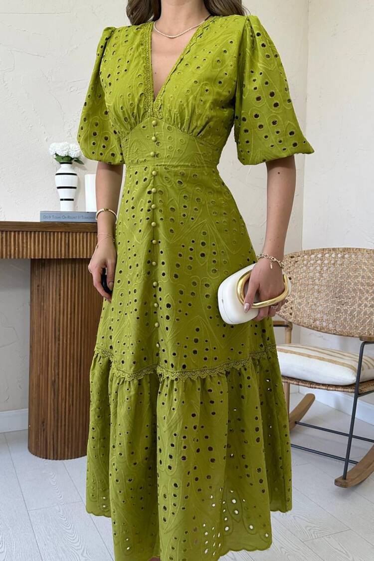Fit And Flare Midi Dress With Puff Half Sleeves