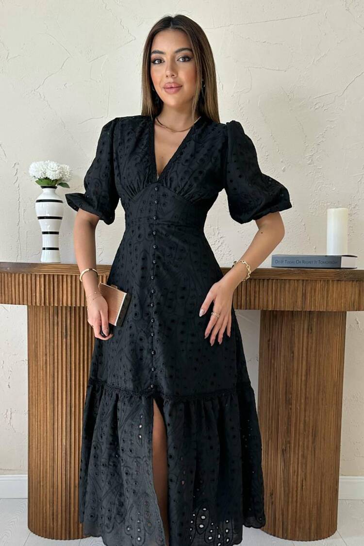 ElegantFit And Flare Dress With Puff Sleeves