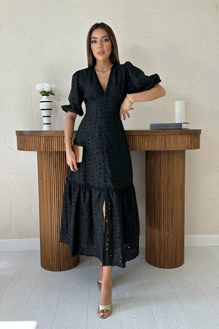 ElegantFit And Flare Dress With Puff Sleeves