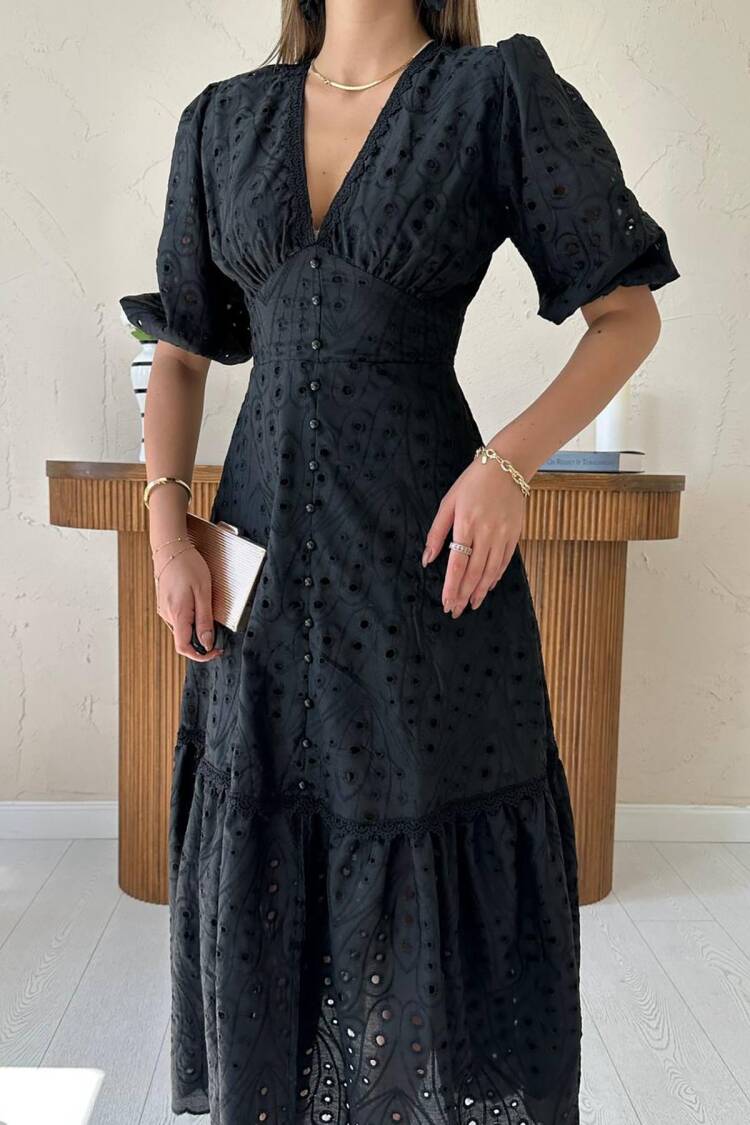 ElegantFit And Flare Dress With Puff Sleeves