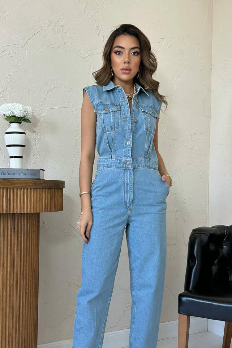 Blue Casual Sleeveless Jumpsuit With Shawl Collar