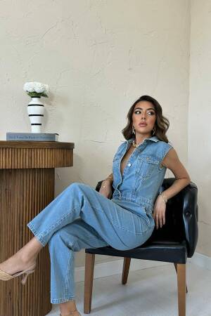Blue Casual Sleeveless Jumpsuit With Shawl Collar - Brand: Elisa - Women's Clothing Wholesale - Globality Store