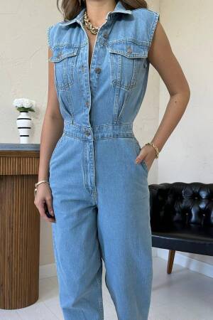 Blue Casual Sleeveless Jumpsuit With Shawl Collar - Brand: Elisa - Women's Clothing Wholesale - Globality Store