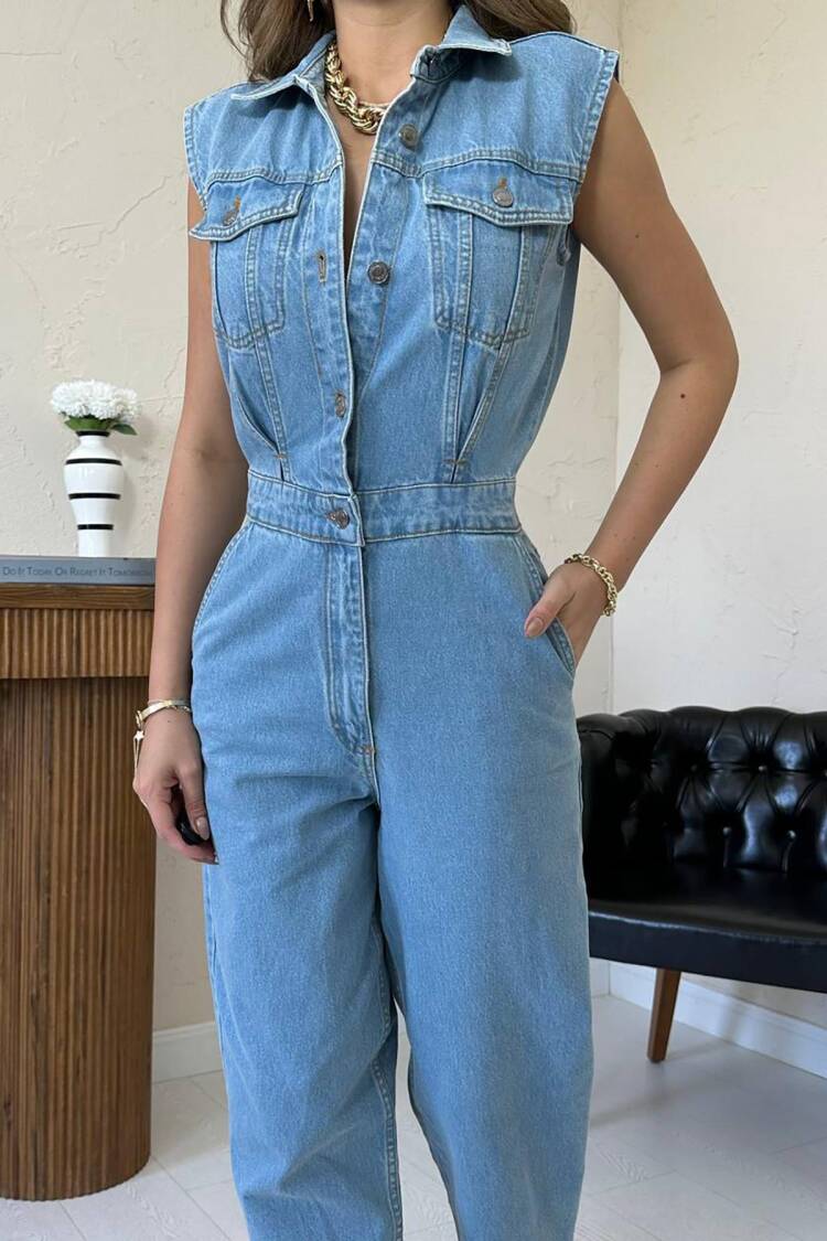 Blue Casual Sleeveless Jumpsuit With Shawl Collar