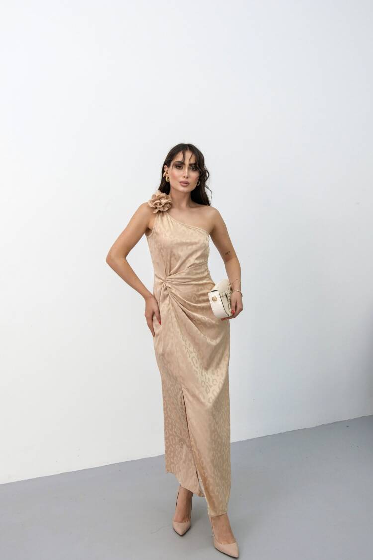 Elegant Beige Slip Dress With Animal Print Midi