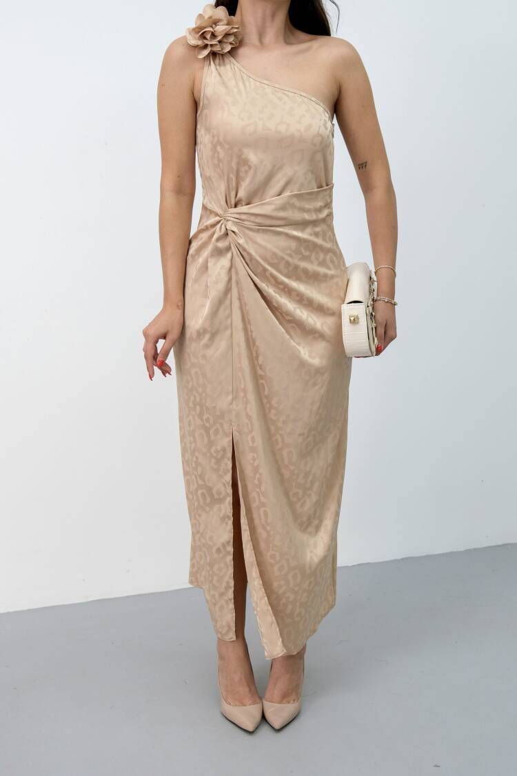 Elegant Beige Slip Dress With Animal Print Midi - Brand: STEPS - Women's Clothing Wholesale - Globality Store