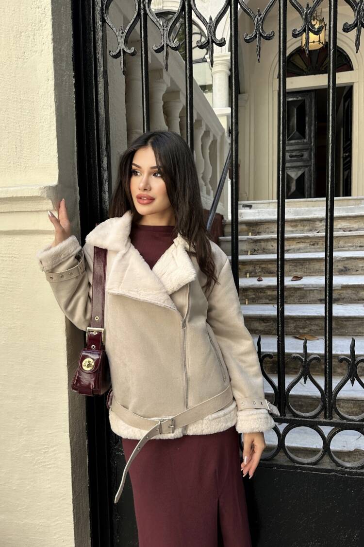 Beige Biker Jacket With Zip-Up & Notched Collar - Brand: My Jest Fashion - Women's Clothing Wholesale - Globality Store