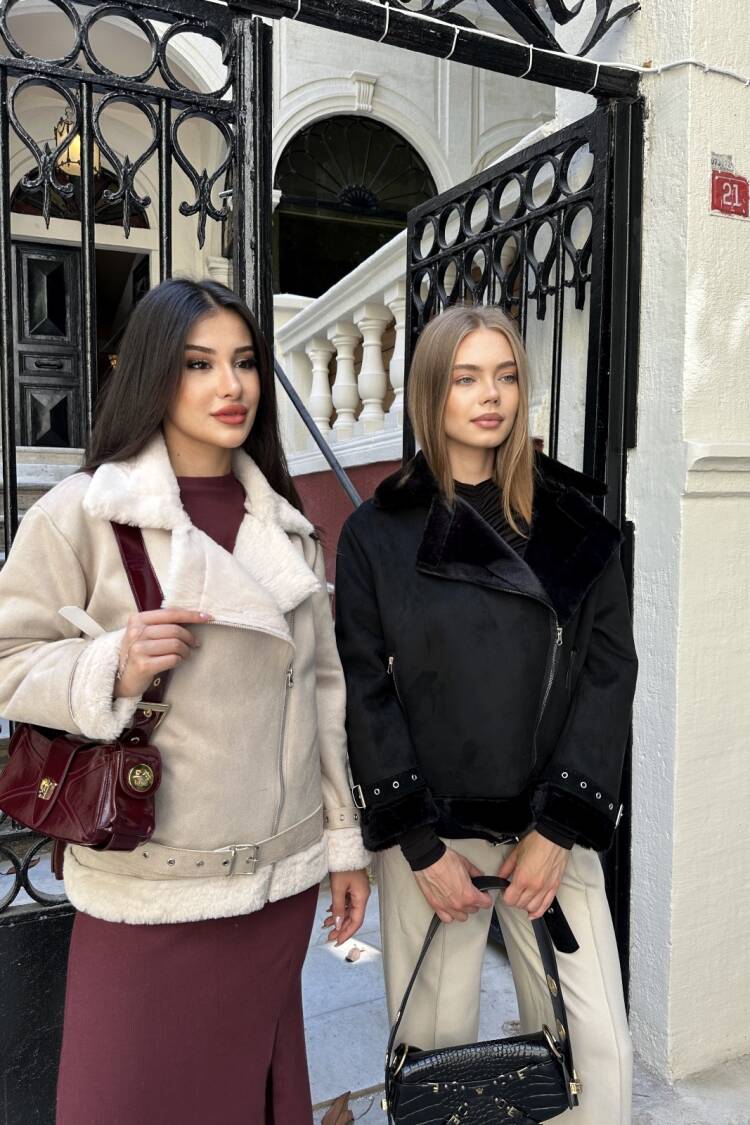 Beige Biker Jacket With Zip-Up & Notched Collar