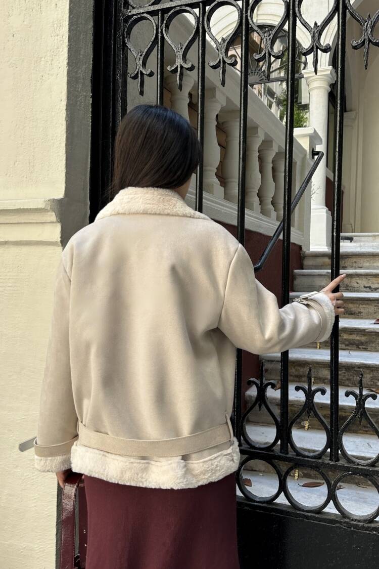 Beige Biker Jacket With Zip-Up & Notched Collar