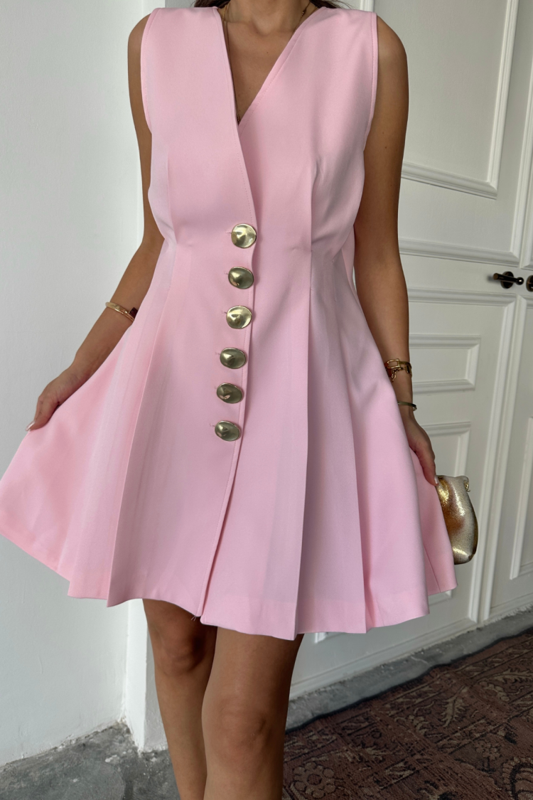 Sleeveless Gold Button Dress With Collar And Pleated Short