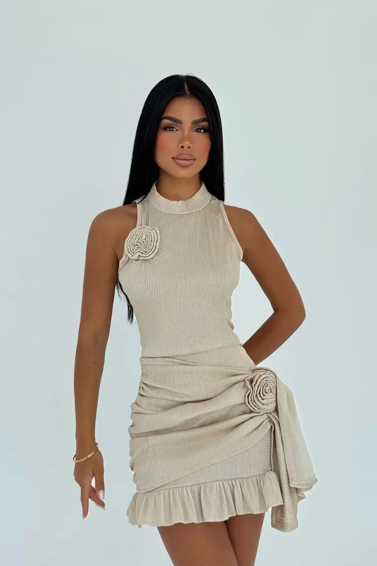 Beige Bodycon Dress With High Neck And Cap Sleeves - Brand: EYYO ATELIER - Women's Clothing Wholesale - Globality Store