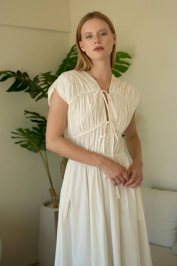 White Fit And Flare V-Neck Midi Dress With Cap Sleeves