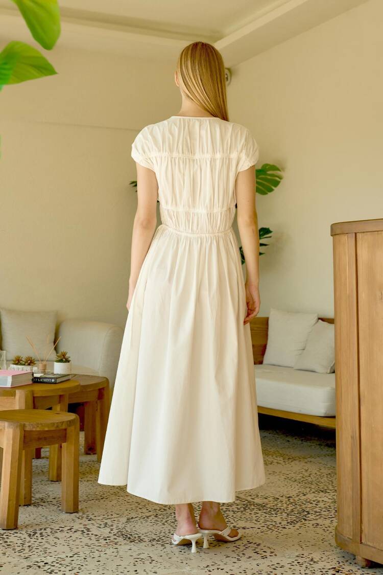White Fit And Flare V-Neck Midi Dress With Cap Sleeves