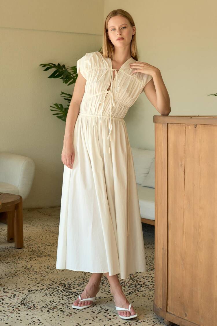 White Fit And Flare V-Neck Midi Dress With Cap Sleeves
