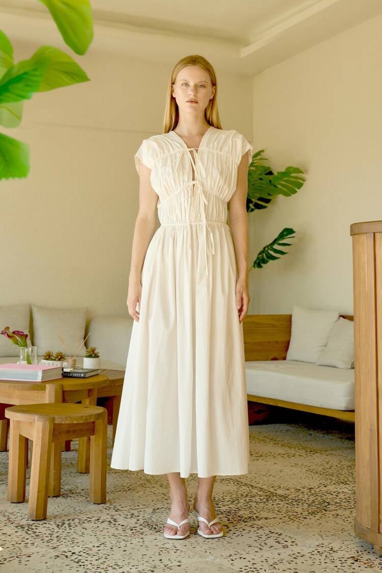 White Fit And Flare V-Neck Midi Dress With Cap Sleeves - Brand: Juste - Women's Clothing Wholesale - Globality Store