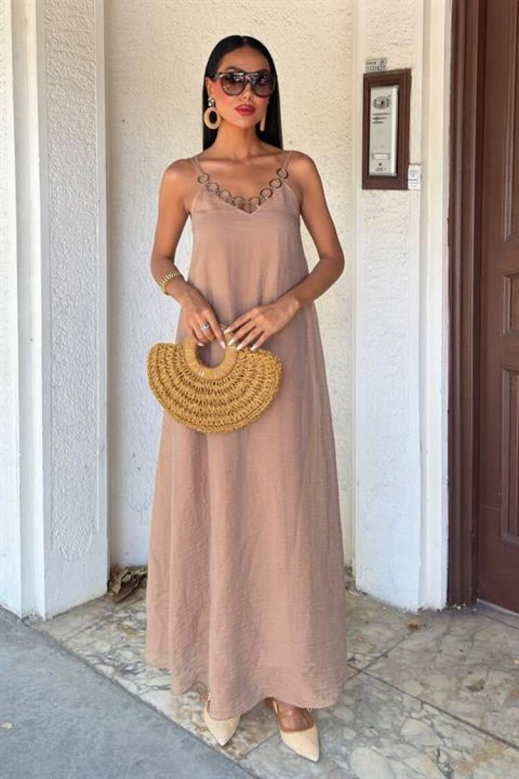 Beige Elegant Slip Dress With V-Neck - Brand: Sobe Istanbul - Women's Clothing Wholesale - Globality Store