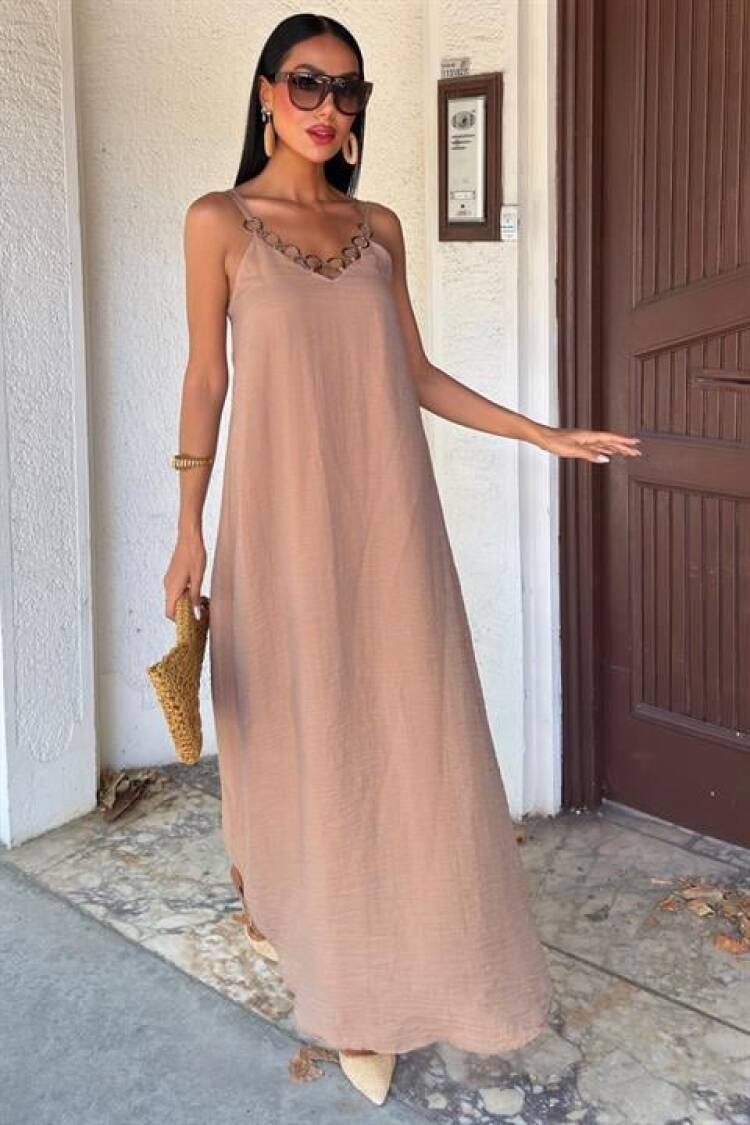 Beige Elegant Slip Dress With V-Neck