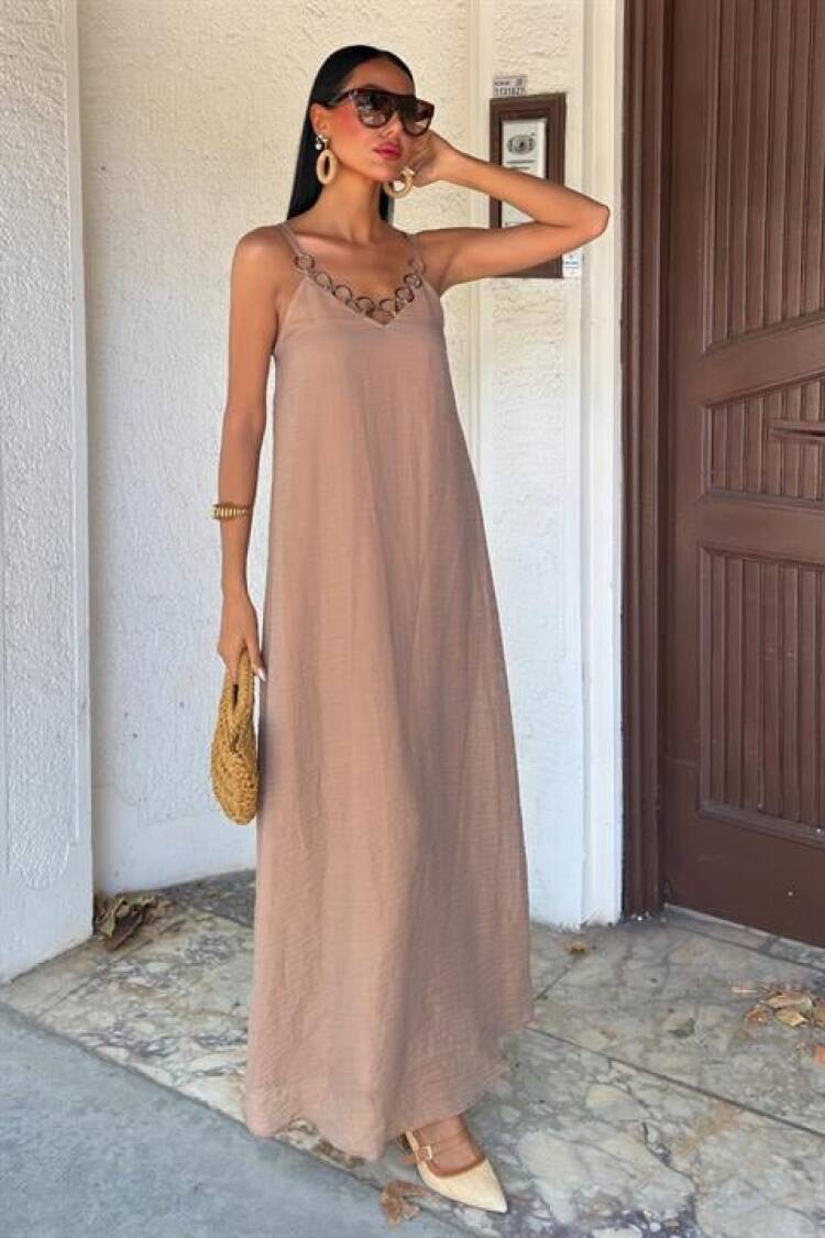 Beige Elegant Slip Dress With V-Neck