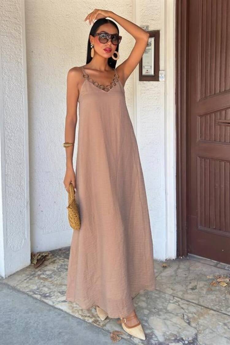 Beige Elegant Slip Dress With V-Neck