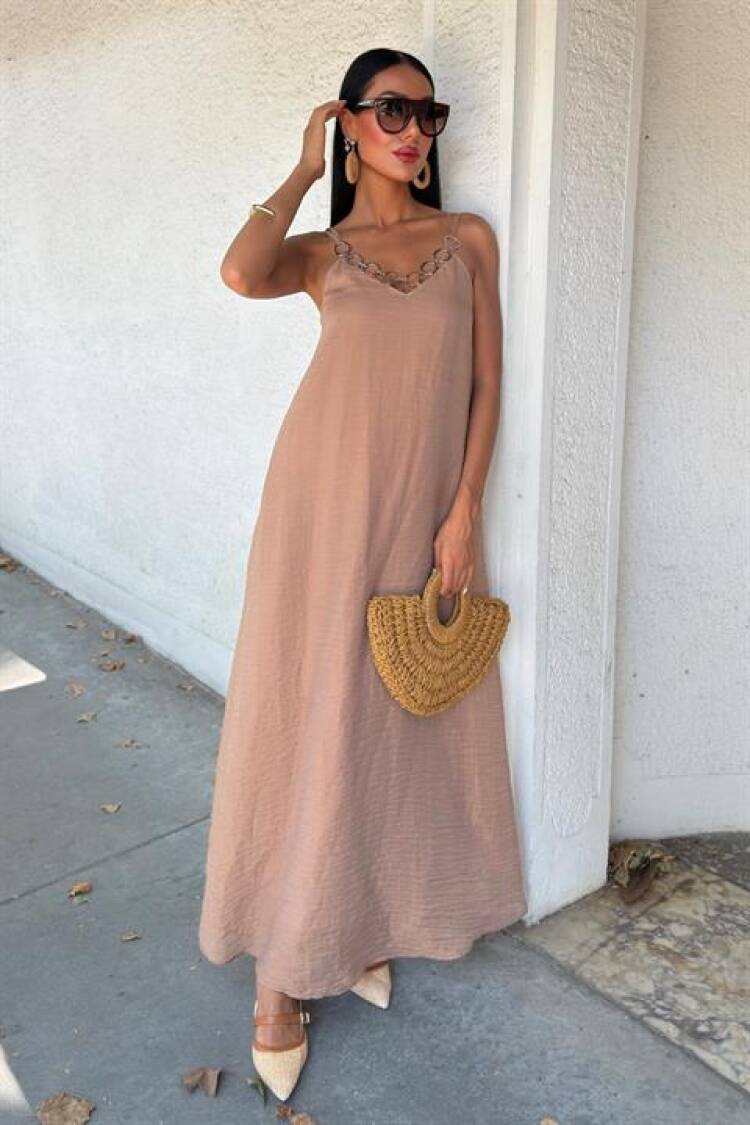 Beige Elegant Slip Dress With V-Neck